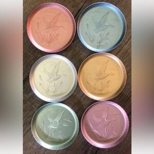 Vintage Set of 6 Aluminum Coasters MCM Pastel Flying‎ Mallard Duck 3.25"
